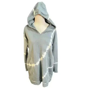 PURE JILL(J JILL) LS TIE-DYED HOODED SWEATSHIRT TUNIC-XS-DEEP BLUE/WHITE